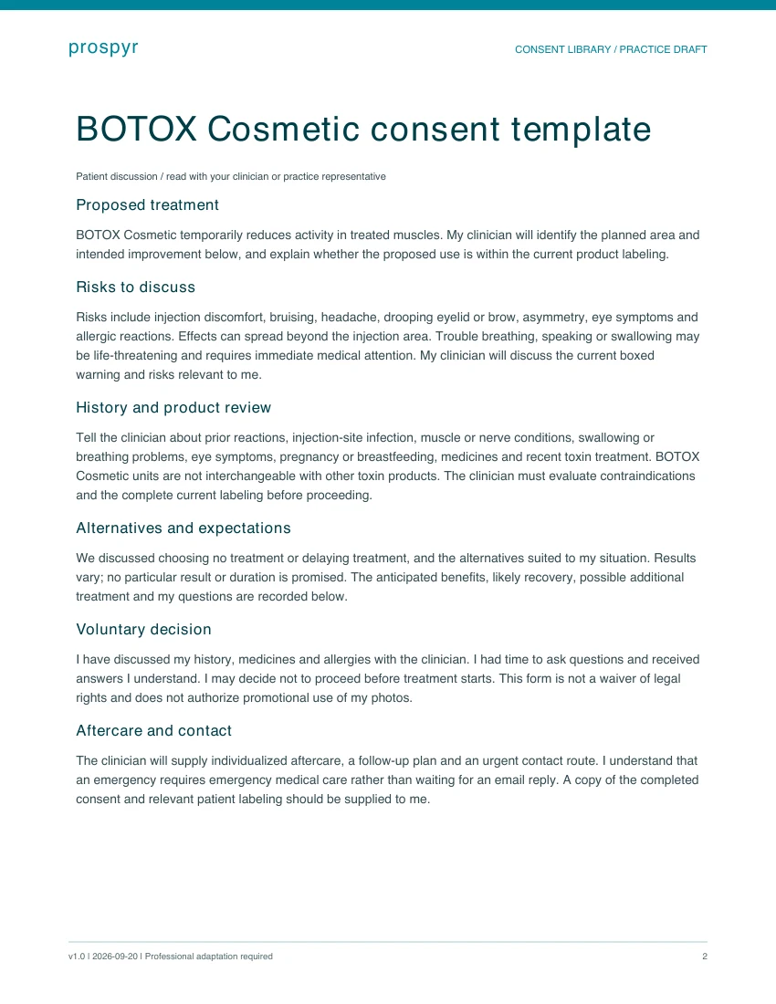 Sample patient discussion page from the botox cosmetic consent template