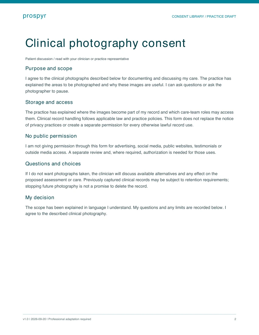 Sample patient discussion page from the clinical photography consent