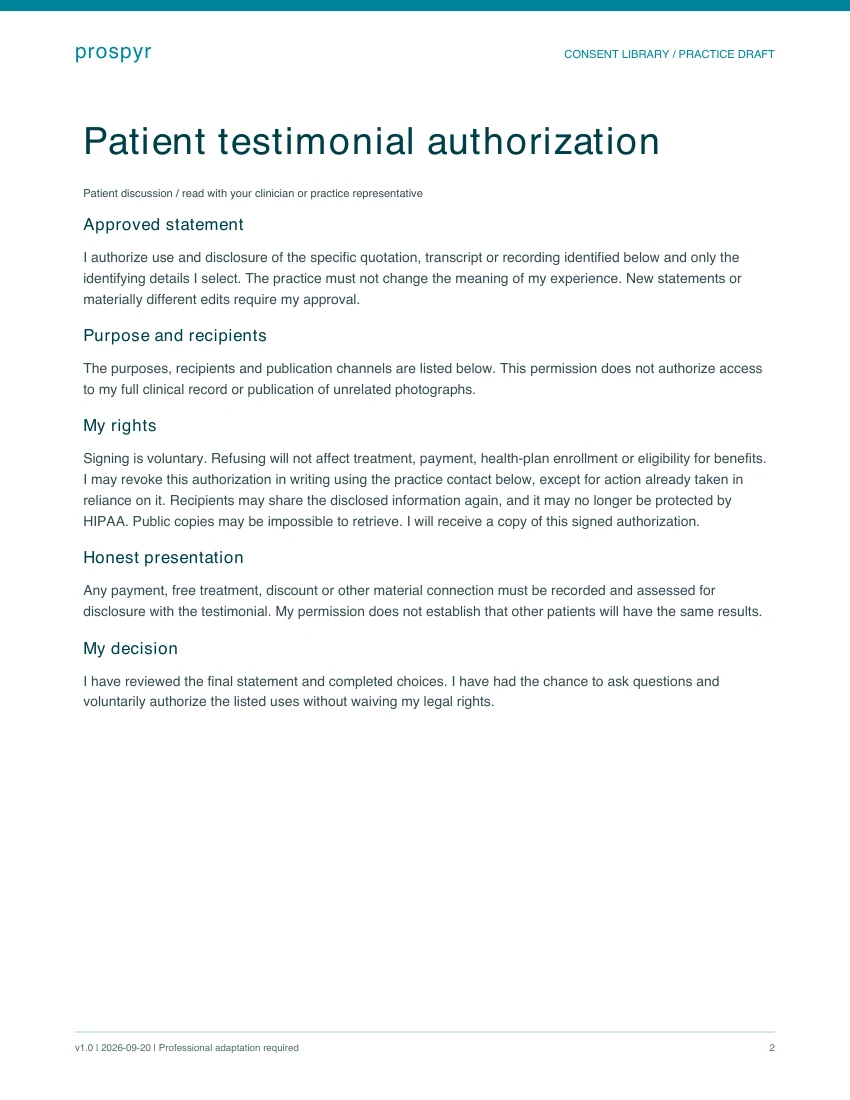 Sample patient discussion page from the patient testimonial authorization