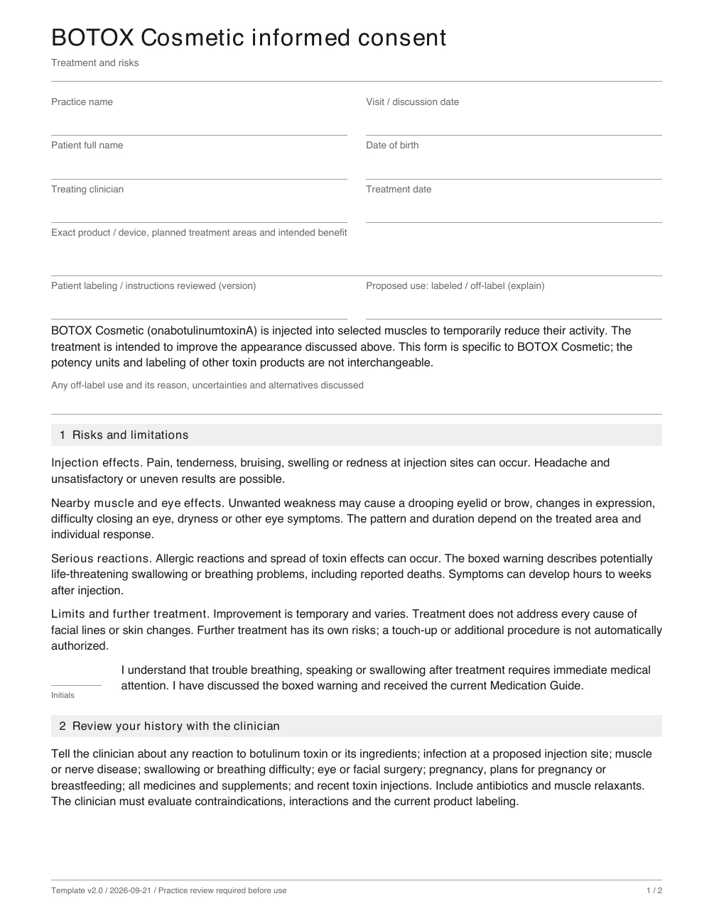 Sample patient discussion page from the botox cosmetic consent template