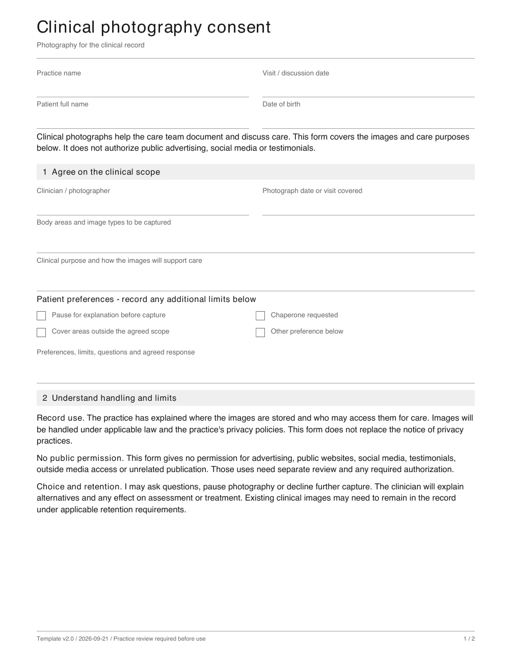 Sample patient discussion page from the clinical photography consent