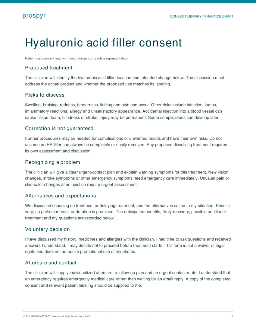Sample patient discussion page from the hyaluronic acid filler consent