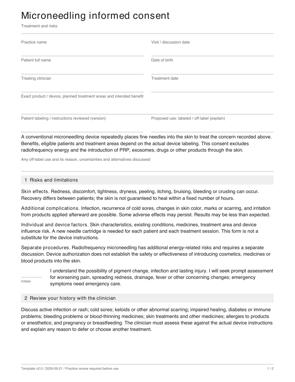 Sample patient discussion page from the microneedling consent template