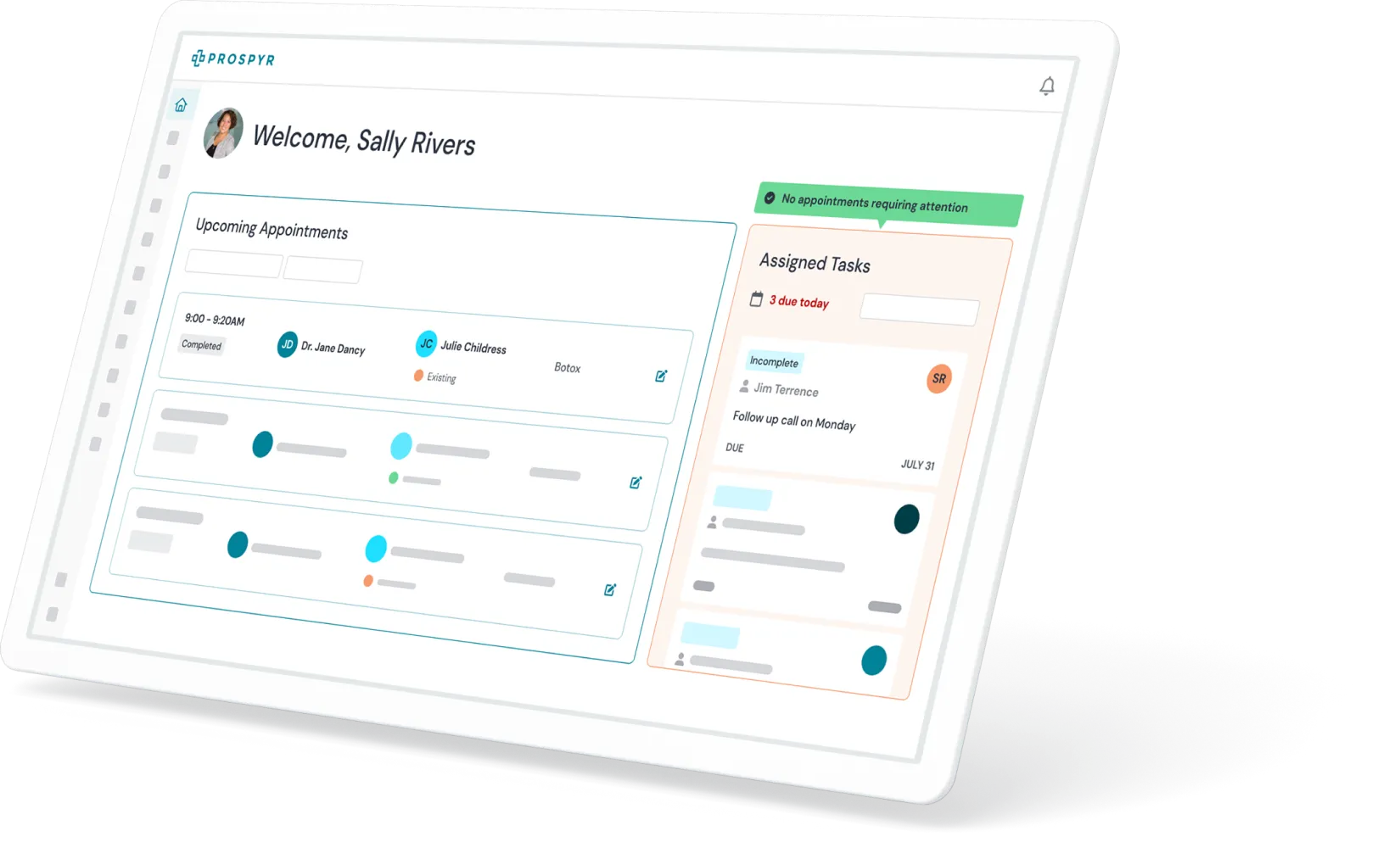 Prospyr dashboard showing appointments, tasks, and patient management
