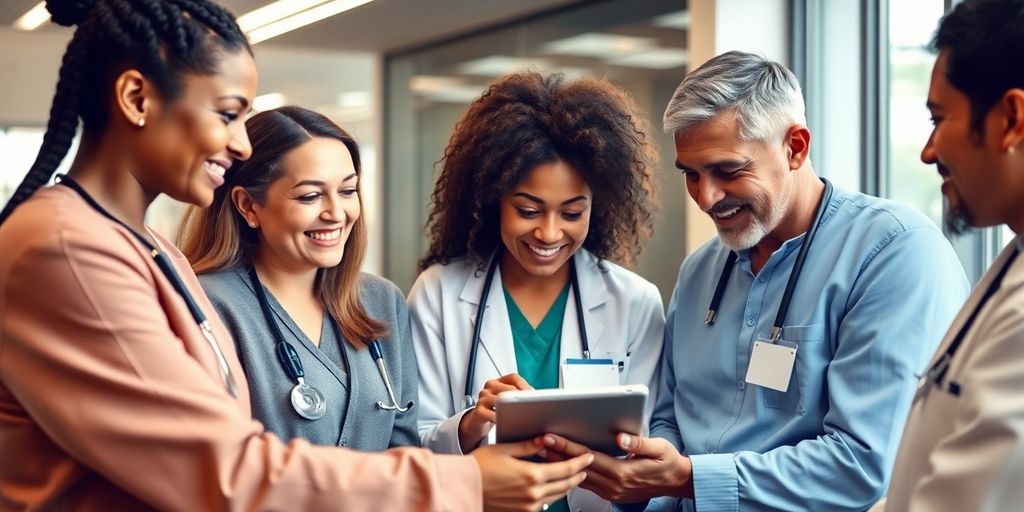 Patients using a tablet in a healthcare environment.