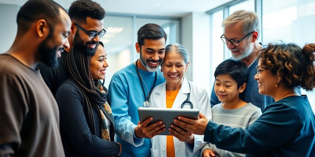 Patients using a tablet in a healthcare environment.