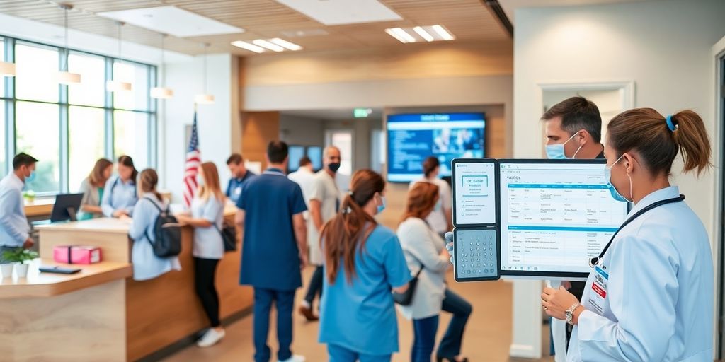 Healthcare professionals assisting patients in a modern facility.