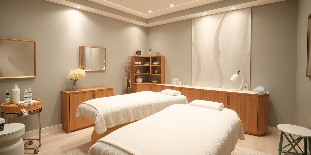 Calm med spa interior with treatment beds and soft lighting.