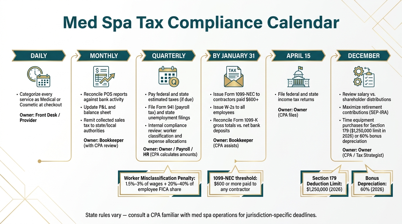 Med Spa Tax Compliance Calendar: Daily to Annual Filing Deadlines