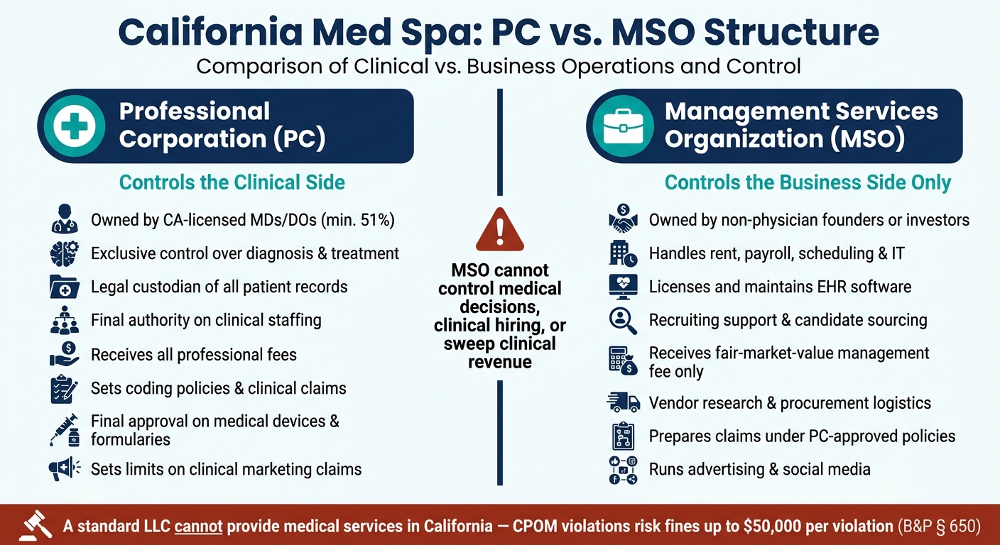 California Med Spa Ownership Structure: PC vs. MSO at a Glance